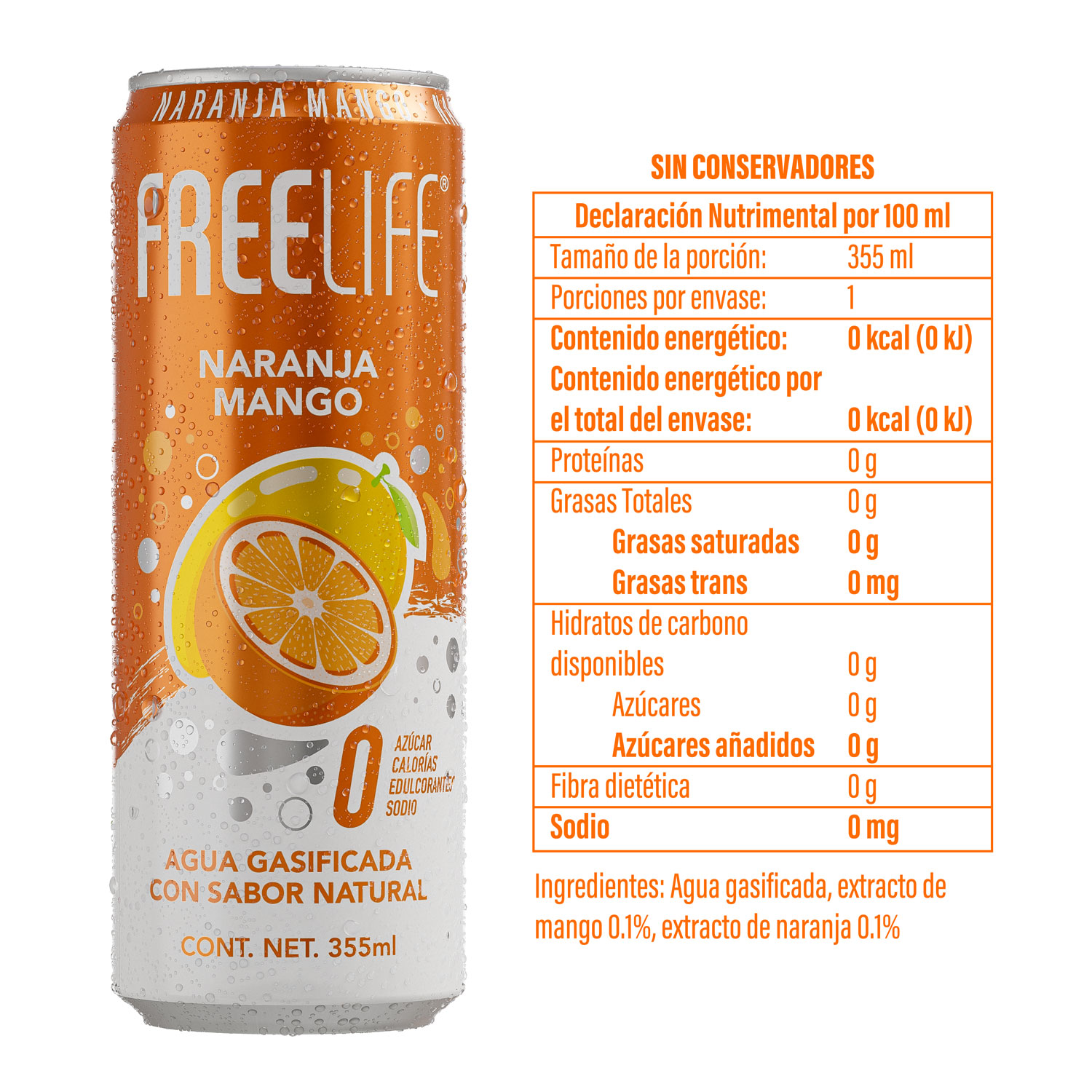 Freelife Agua gasificada con sabor Naranja Mango 100% natural